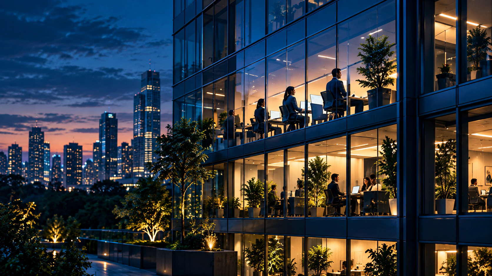 Profissionais em um escritório corporativo noturno